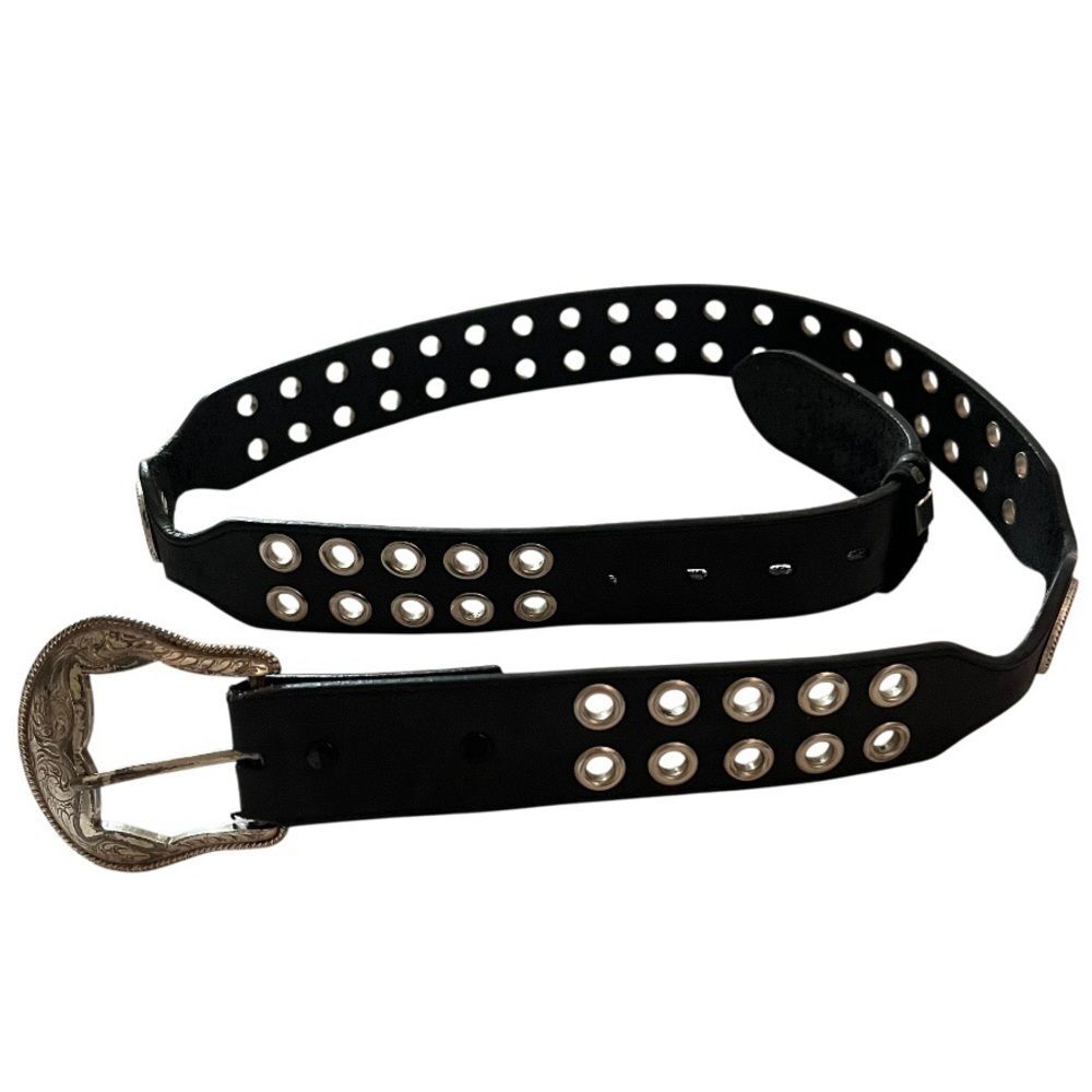 CINCH Western Black Leather Belt Grommet Studs Metal Logo Plate Removable Buckle